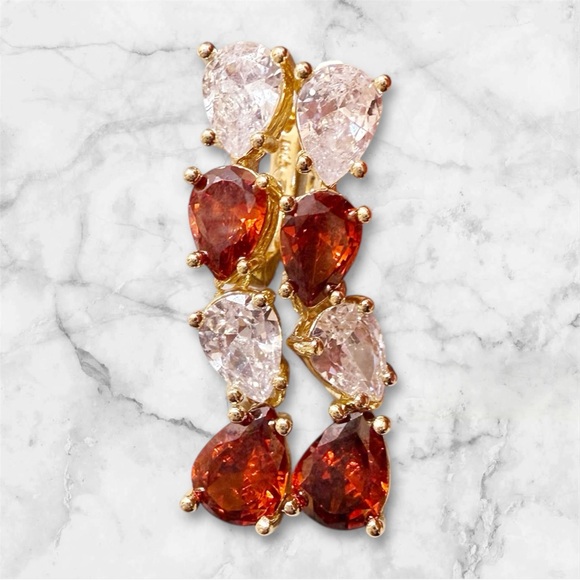 New! Elegant 18K Gold Plated Earrings With Clear and Red Teardrop Stones - Picture 2 of 6